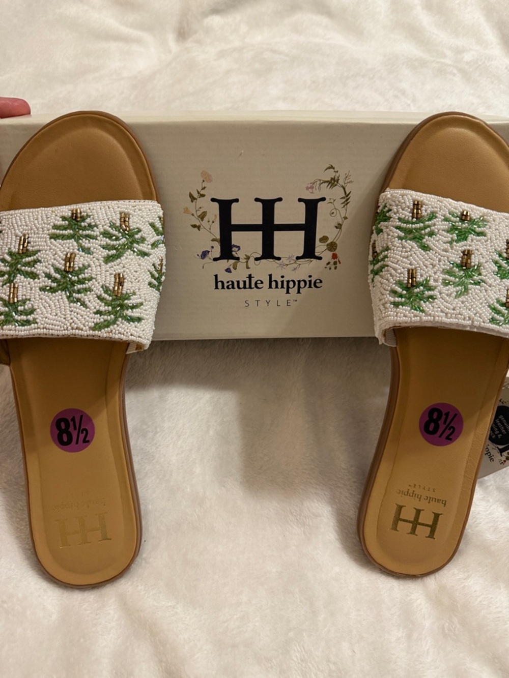 Haute Hippie White Beaded Palm Slide Sandals with Tan Footbed - Picture 4 of 4